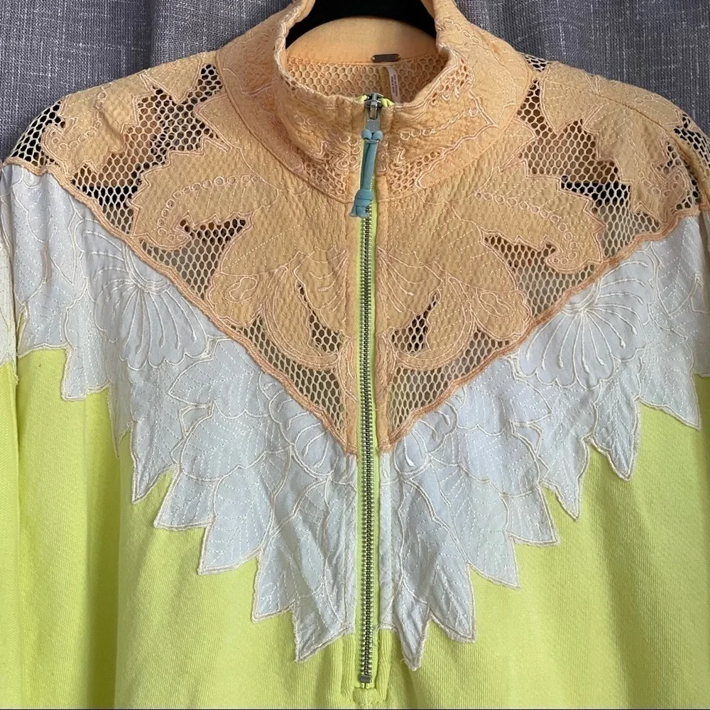 FREE PEOPLE ‘Isla’ Crochet Quarter Zip Pullover Yellow Green Size S - Picture 7 of 14